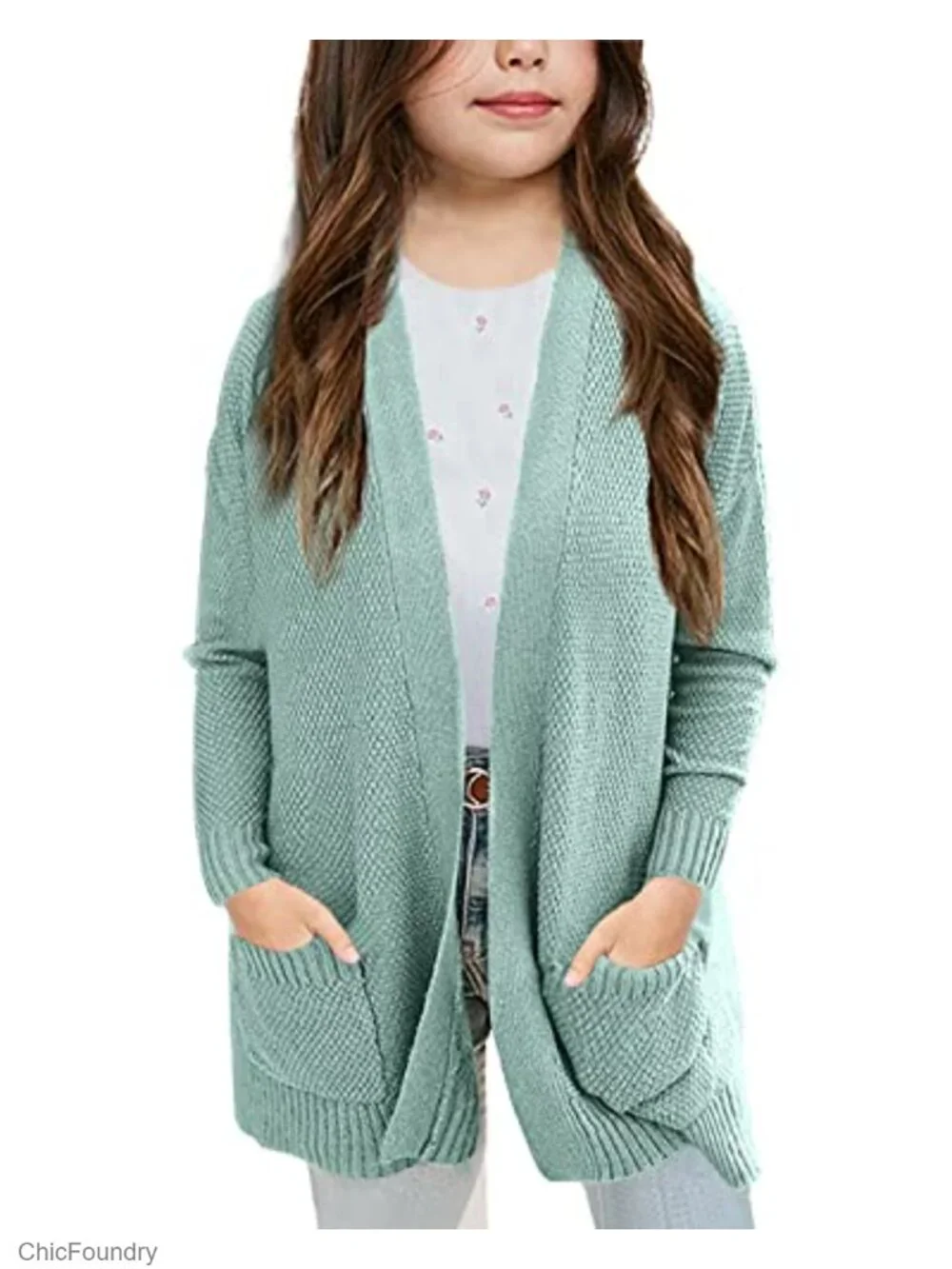 Girls Cardigan Sweaters Open Front Long Sleeve Casual Coat with Pockets